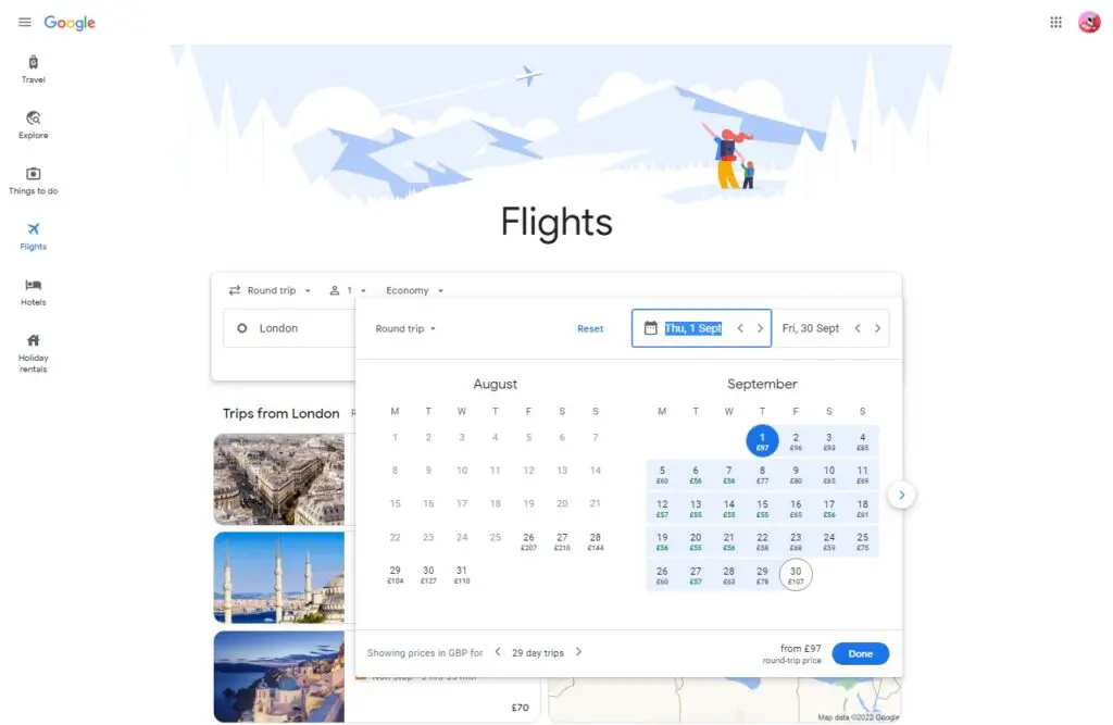 Google flights Calendar
