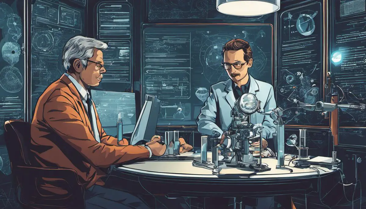 Illustration of scientists discussing artificial intelligence