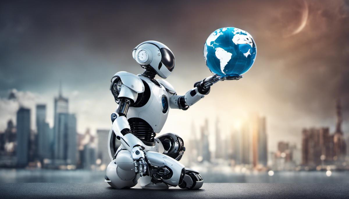 An image showing a futuristic robot holding a world globe, representing the concept of artificial intelligence and its impact on various industries.