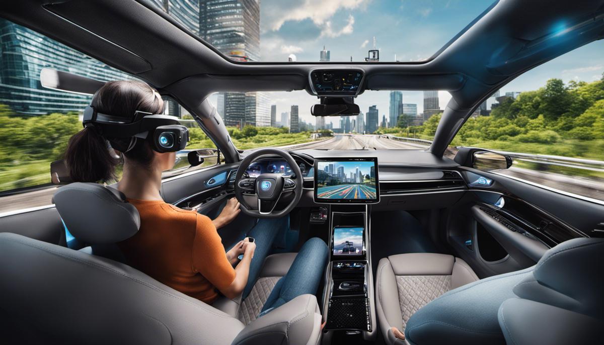 An image showing various technological trends with people using smartphones, wearing VR headsets, and driving self-driving cars.